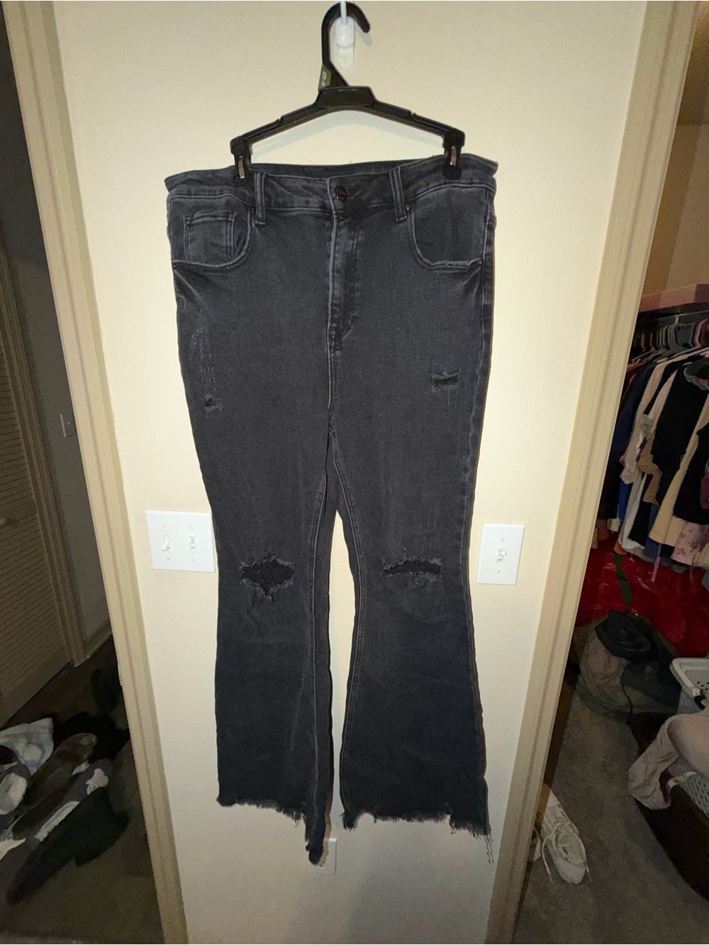 High-Rise Black Distressed Flare Jeans